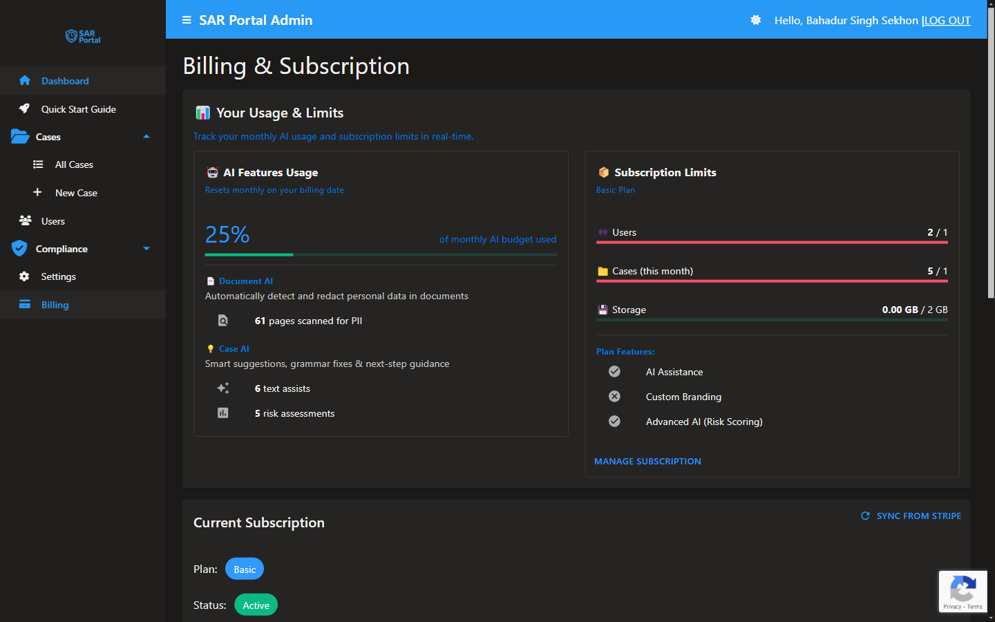 Billing page - View your plan, usage, and payment details