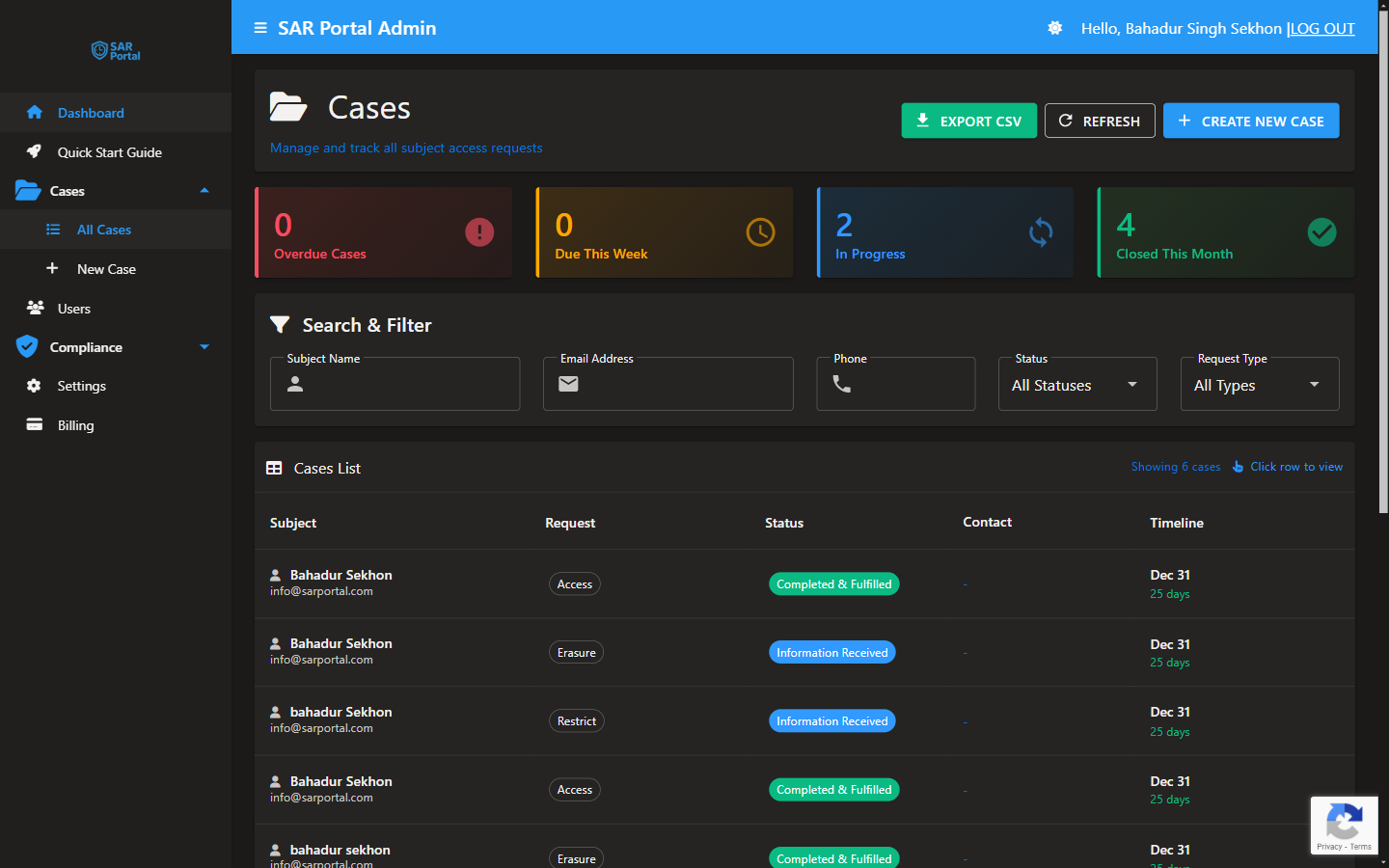 SAR Portal Cases List