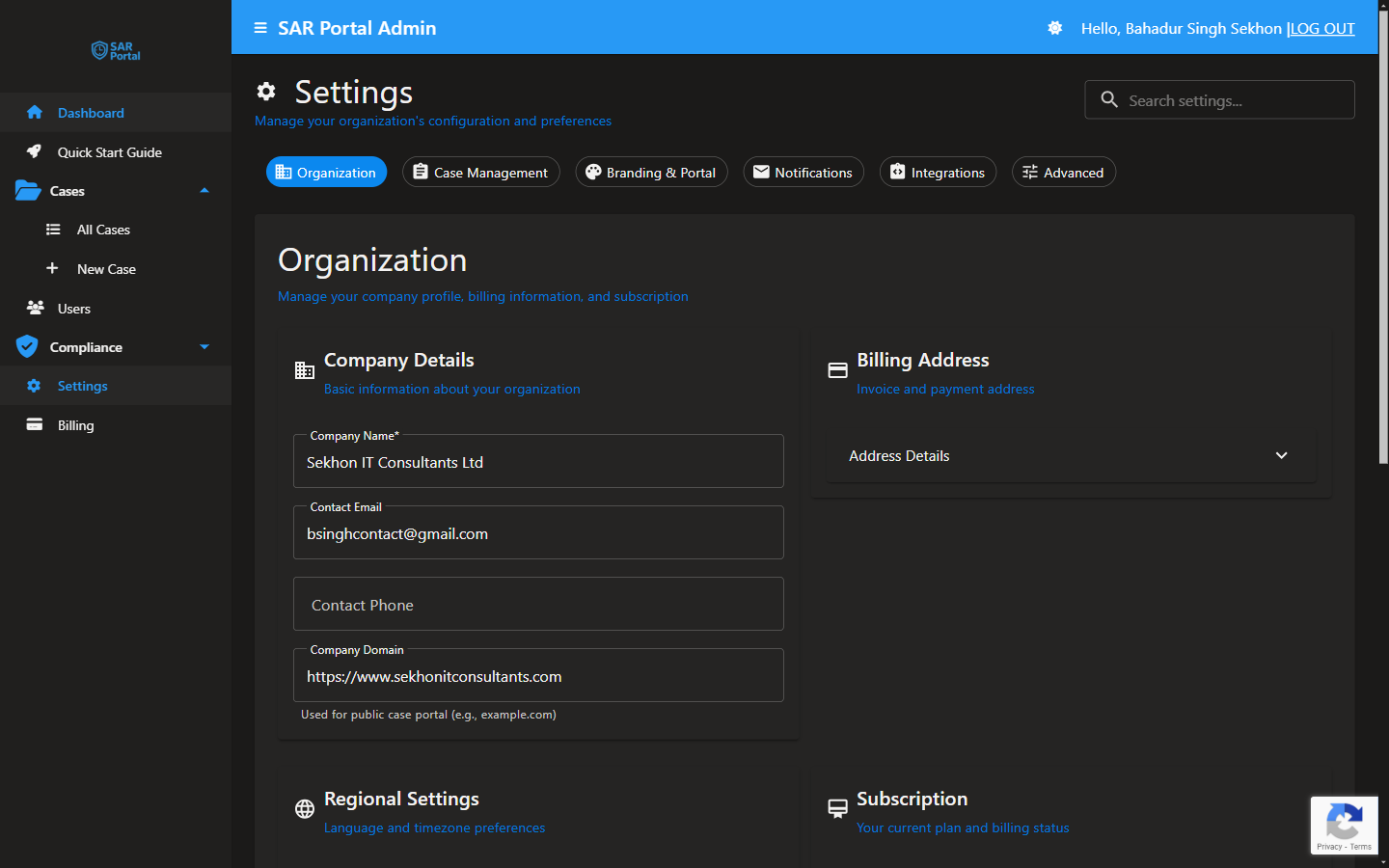 Organization Settings - Enter your company details