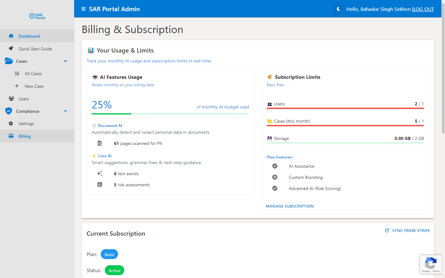 Billing page - View your plan, usage, and payment details