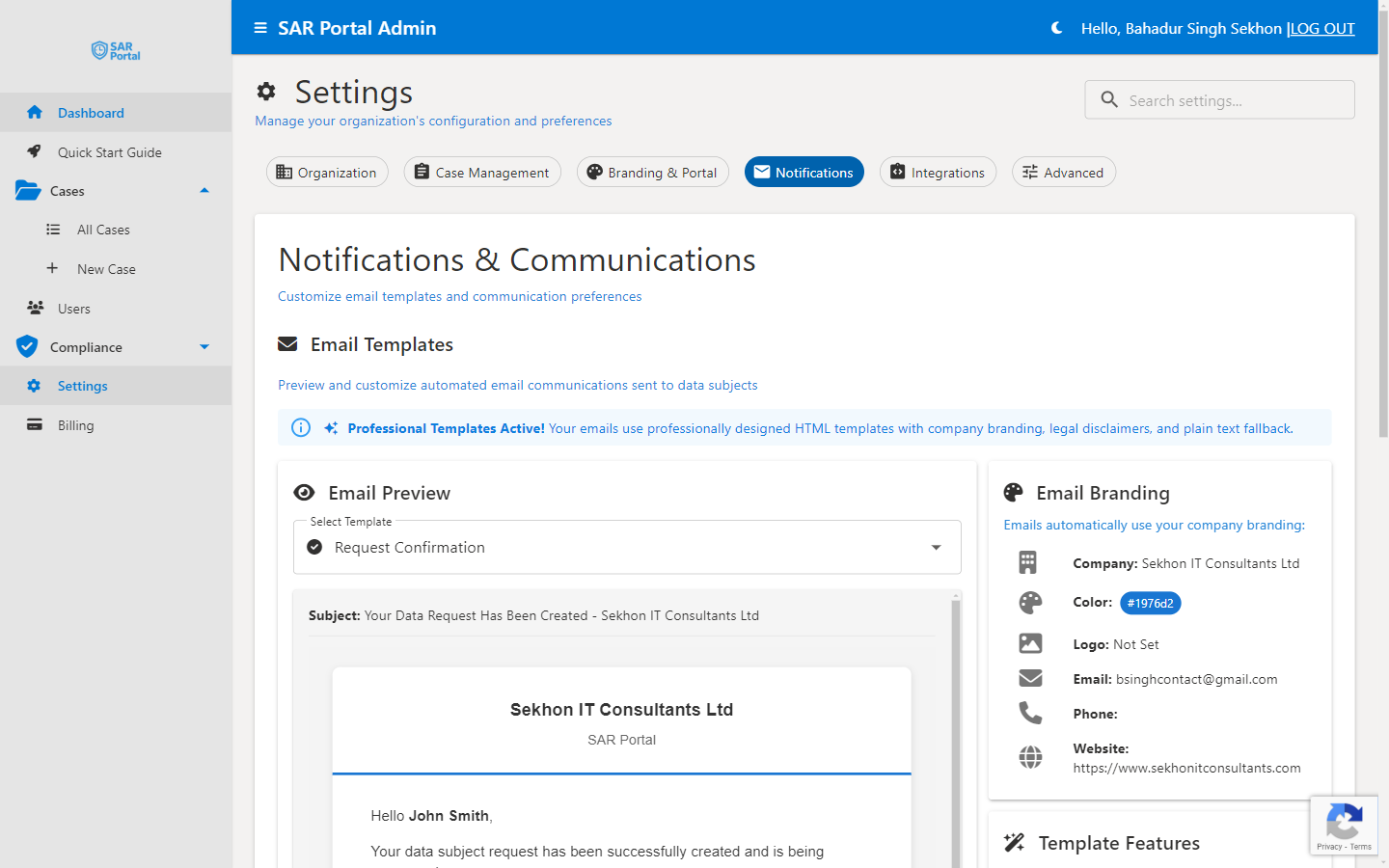 Notifications - Configure email templates and branding