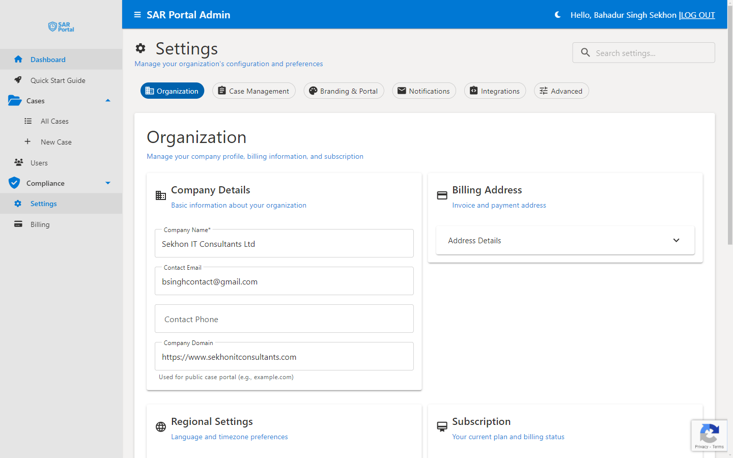 Organization Settings - Enter your company details